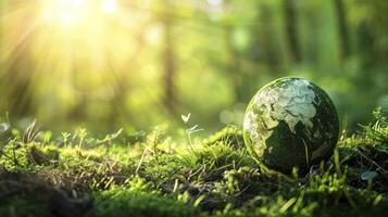 ai gegenereerd milieu ecologie concept - groen wereldbol in Woud met mos foto