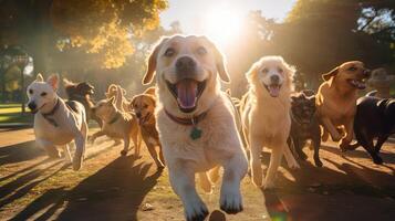 ai gegenereerd halen honden spelen in park ai gegenereerd foto