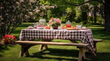 ai gegenereerd bank achtertuin picknick tafel ai gegenereerd foto