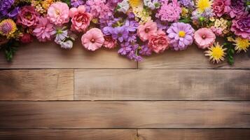 ai gegenereerd voorjaar bloemen hout achtergrond ai gegenereerd foto