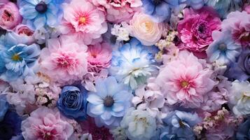 ai gegenereerd bloeien blauw en roze bloemen ai gegenereerd foto