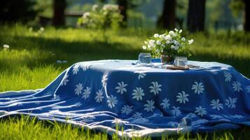 ai gegenereerd zomer blauw picknick deken ai gegenereerd foto