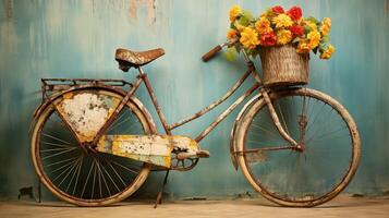 ai gegenereerd antiek wijnoogst fiets bloemen ai gegenereerd foto