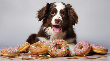 ai gegenereerd schattig hond met donut ai gegenereerd foto