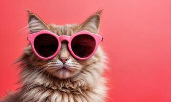 ai gegenereerd portret van koel pluizig grijs kat in zonnig roze bril geïsoleerd Aan roze achtergrond. grappig schattig huisdier foto