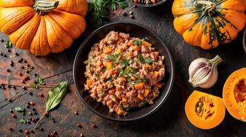 ai gegenereerd heerlijk pompoen en taleggio risotto met peterselie in zwart bord. top visie Aan oranje pompoen, knoflook, zwart en rood peper en koriander. Italiaans voedsel. vlak leggen foto