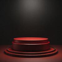 ai gegenereerd foto rood licht ronde podium en zwart achtergrond voor mock-up