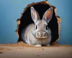 ai gegenereerd foto van konijn gluren uit van een gat in blauw muur pluizig oren konijn Pasen konijn banier konijn springen uit gescheurd gat. ai gegenereerd