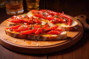 ai gegenereerd rood paprika's met Super goed ansjovis Aan een plak van brood. typisch Spaans voedsel. foto