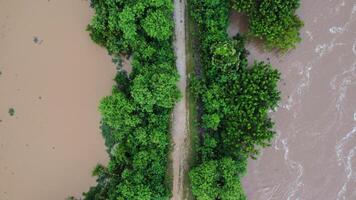 antenne visie van de Oppervlakte getroffen door regenachtig seizoen overstromingen. top visie van een vloeiende rivier- na zwaar regen en overstromingen van agrarisch land- in landelijk noordelijk Thailand. foto