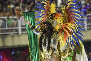 rio, Brazilië, februari 12, 2024, optochten van de samba scholen paraiso Doen tuiuti van de speciaal groep, gedurende de carnaval in de stad van Rio de Janeiro in sapucai straat foto