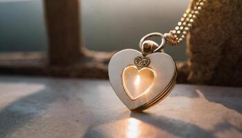 gloeiend glimmend goud hart sleutelhanger voor romantisch Valentijn dag of bruiloft datum ceremonie. foto