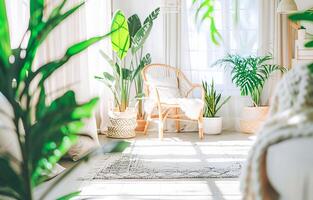 ai gegenereerd knus leven kamer badend in natuurlijk licht met weelderig binnen- planten en modern meubilair foto