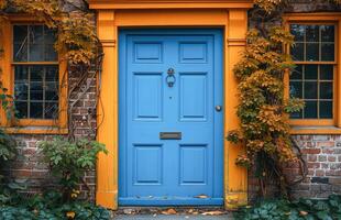 ai gegenereerd elegant blauw Ingang deur van een traditioneel huis Aan een zonnig middag foto