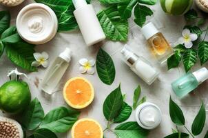 ai gegenereerd assortiment van biologisch huidsverzorging producten temidden van levendig groen en citrus foto