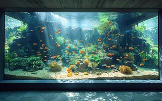 ai gegenereerd luxueus leven kamer met groot ingebouwd zout water aquarium foto