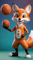 ai gegenereerd foto van een schattig 3d vos spelen basketbal Aan een solide kleur achtergrond . ai gegenereerd