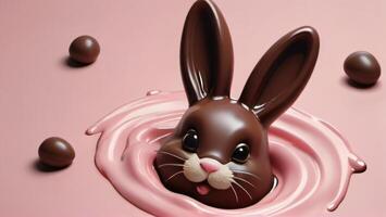 ai gegenereerd foto van gesmolten chocola Pasen konijn Aan pastel roze achtergrond. ai gegenereerd
