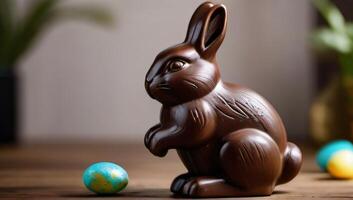 ai gegenereerd foto van Aan een houten tafel een chocola Pasen konijn is Holding fors gewichten samenstelling Pasen dat omvat. ai gegenereerd