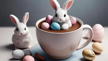 ai gegenereerd foto van minimalistische Pasen ansichtkaart met zoet heet chocola heemst konijn konijnen en pastel Pasen eieren. ai gegenereerd