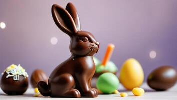 ai gegenereerd foto van chocola Pasen konijn kinderen met verschillend klein snoepgoed dichtbij Pasen viering dag banier met. ai gegenereerd