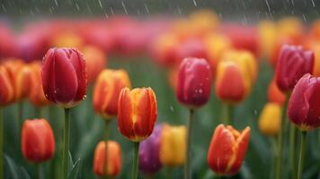 ai gegenereerd foto van een betoverend caleidoscoop van tulpen dansen in een regenboog tuin gezegend door een teder regen douche. ai gegenereerd