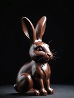 ai gegenereerd foto van een hyperrealistisch beeld van een konijnvormig chocola beeldhouwwerk tegen een donker achtergrond. ai gegenereerd