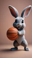 ai gegenereerd foto van een schattig 3d konijn spelen basketbal Aan een solide kleur achtergrond . ai gegenereerd