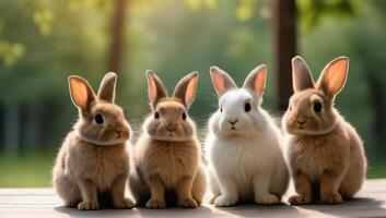 ai gegenereerd foto van schattig konijnen zitten in cirkels Aan een houten tafel tegen een achtergrond van natuur Pasen concept en achtergrond vakantie. ai gegenereerd