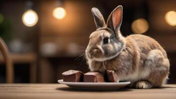 ai gegenereerd foto van schattig konijn zittend Aan houten tafel aan het eten chocola nagerecht. ai gegenereerd