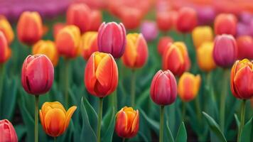 ai gegenereerd foto van voorjaar zomer tulpen bloem achtergrond banier panorama abstract olie acryl schilderij van kleurrijk tulp veld- Aan canvas. ai gegenereerd