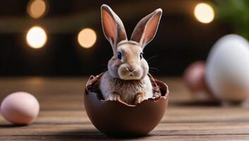 ai gegenereerd foto van konijn binnen een chocola ei Aan een houten tafel Pasen ei en konijn. ai gegenereerd