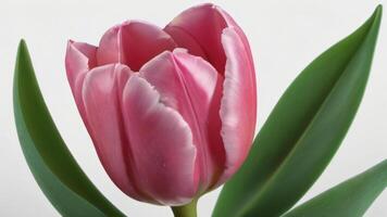 ai gegenereerd foto van roze tulp met groen blad geïsoleerd Aan wit achtergrond 3d weergave. ai gegenereerd