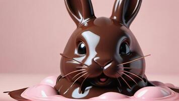 ai gegenereerd foto van gesmolten chocola Pasen konijn Aan pastel roze achtergrond. ai gegenereerd