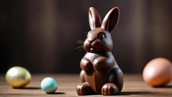 ai gegenereerd foto van Aan een houten tafel een chocola Pasen konijn is Holding fors gewichten samenstelling Pasen dat omvat. ai gegenereerd