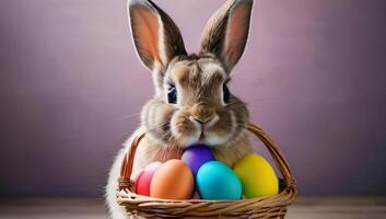 ai gegenereerd foto van schattig konijn houdt mand van helder kleurrijk Pasen eieren. ai gegenereerd