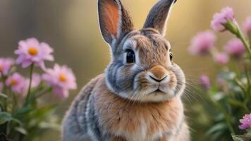 ai gegenereerd foto van schattig konijn met bloemen illustratie. ai gegenereerd