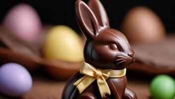 ai gegenereerd foto van een detailopname van een chocola Pasen konijn met een lintje. ai gegenereerd