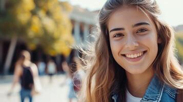 ai gegenereerd een portret van een gemengd ras college leerling Bij campus foto