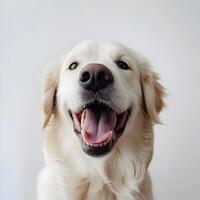 ai gegenereerd dichtbij omhoog foto van gelukkig gouden retriever geïsoleerd Aan een wit achtergrond. hoog kwaliteit. ai generatief