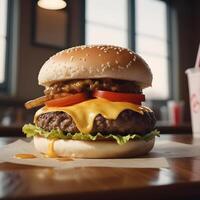 ai gegenereerd heerlijk hamburger met veel ingrediënten foto