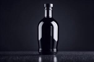 ai gegenereerd donker fles met donker vloeistof zit Aan donker oppervlakte tegen donker achtergrond. foto