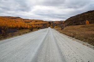 panoramisch visie van de weg naar de herfst gouden Woud Aan de links kant en de bergen. wandelen in de vers lucht, reizen door auto foto