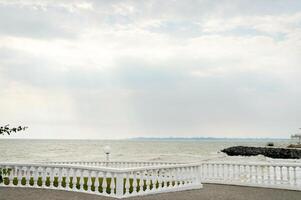 panorama van de promenade met een borstwering Aan een zonnig dag door de zee. foto