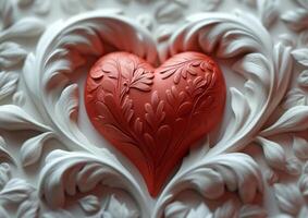 ai gegenereerd rood hart Aan achtergrond van gesneden ornament foto
