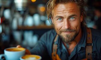 ai gegenereerd knap Mens met blauw ogen is zittend in koffie winkel en drinken koffie. barista zetten melk in een koffie foto