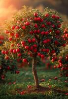 ai gegenereerd een hoog boom gedekt in rood appels foto