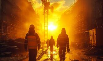 ai gegenereerd drie arbeiders zijn wandelen in bouw plaats Bij zonsondergang foto