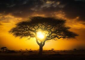 ai gegenereerd acacia boom in de Afrikaanse savanne tegen mooi zonsondergang foto