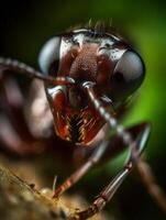 ai gegenereerd macro portret van rood mier foto